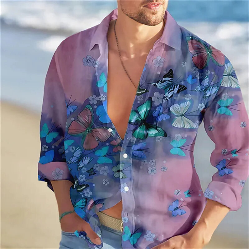 Рубашка Y2k мужская с длинным рукавом, блузка в стиле Харадзюку, с 3D-принтом красочных животных, бабочек, модная одежда, лето-осень