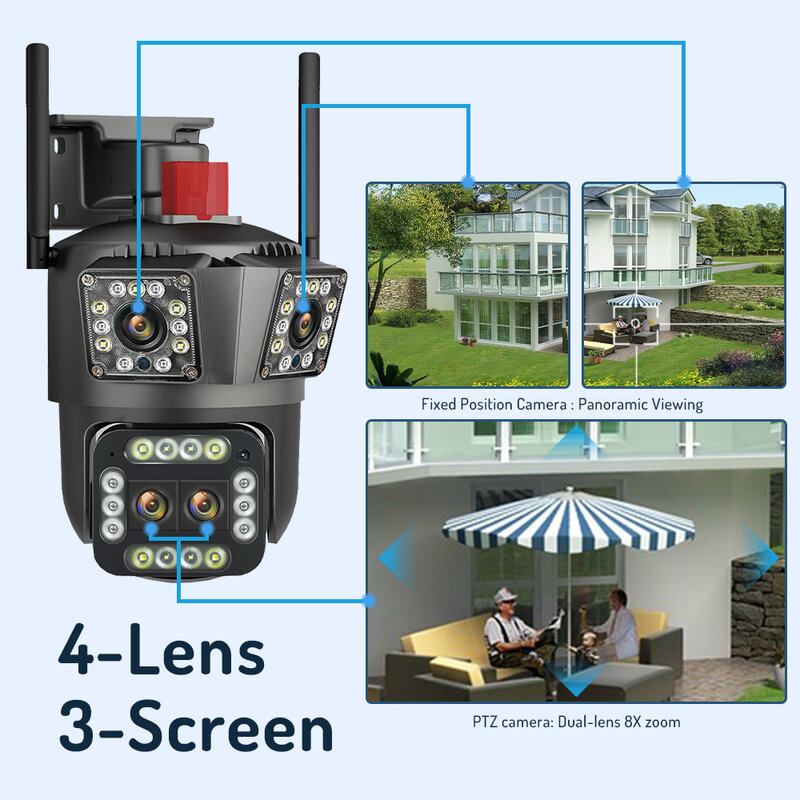 야외 12X 줌 캠 투어 렌즈, 와이파이 IP 카메라, 보안 보호, 모션 감지, 4K CCTV, 8K 16MP, 3 화면