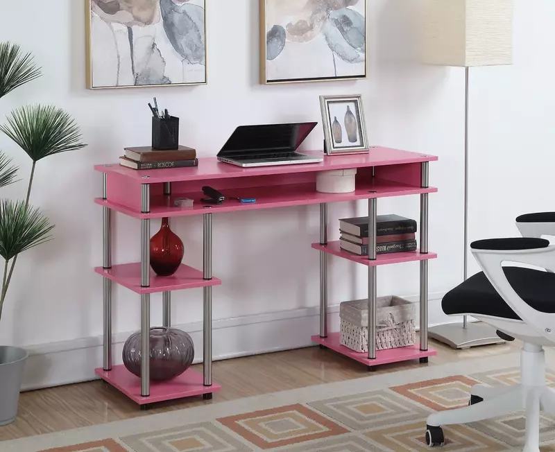 Designs2Go-escritorio sin herramientas para estudiantes, postes rosas/plateados, muebles de oficina, mesa de estudio, muebles de mesa de oficina
