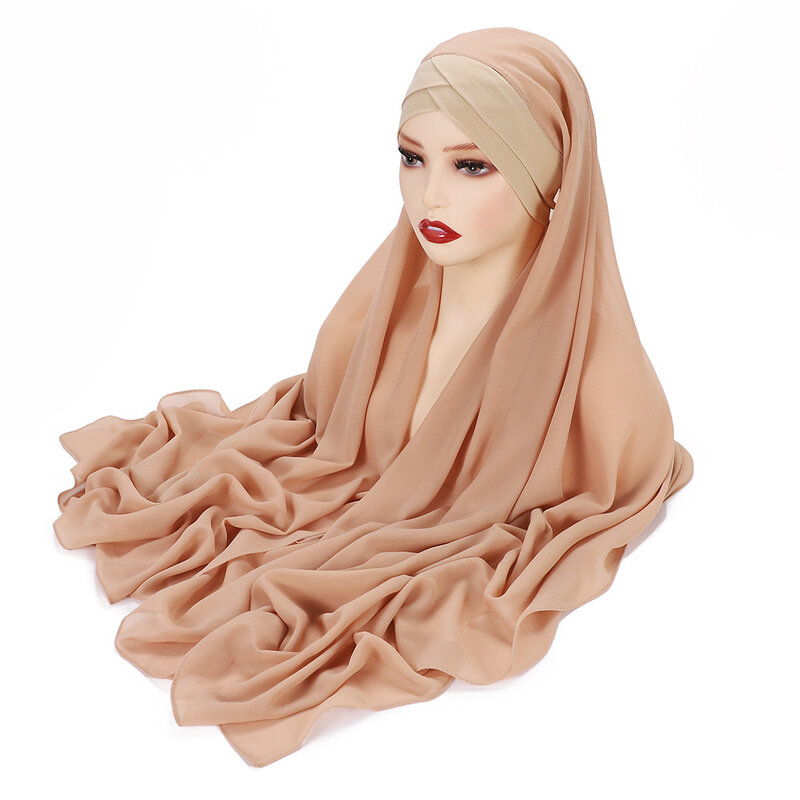 Hijab instantané en mousseline de soie, châle, Bonnet intérieur cousu, couvre-chef pratique pour femmes musulmanes, foulard islamique, 175x70cm