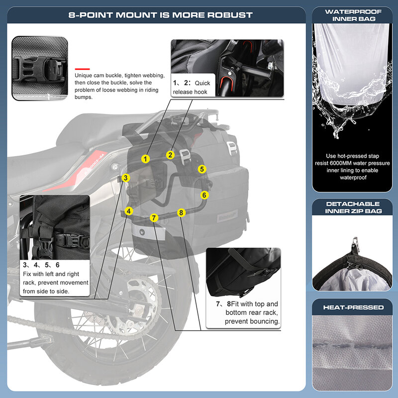 Сиденье для мотоцикла Rhinowalk 20L-30L, универсальная Боковая Сумка со съемной 100% водонепроницаемой внутренней сумкой, Дорожный чемодан для мотоцикла