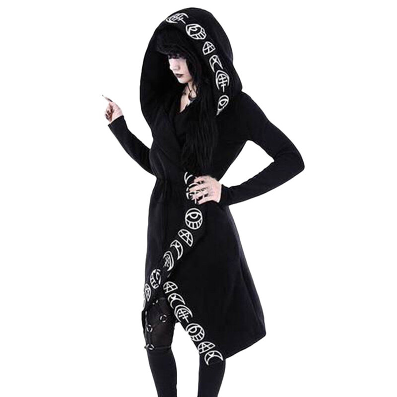 Casaco de manga comprida forrado de lã feminino, casaco punk, cardigã com capuz, comprimento do joelho, preto, estampa lunar, plus size