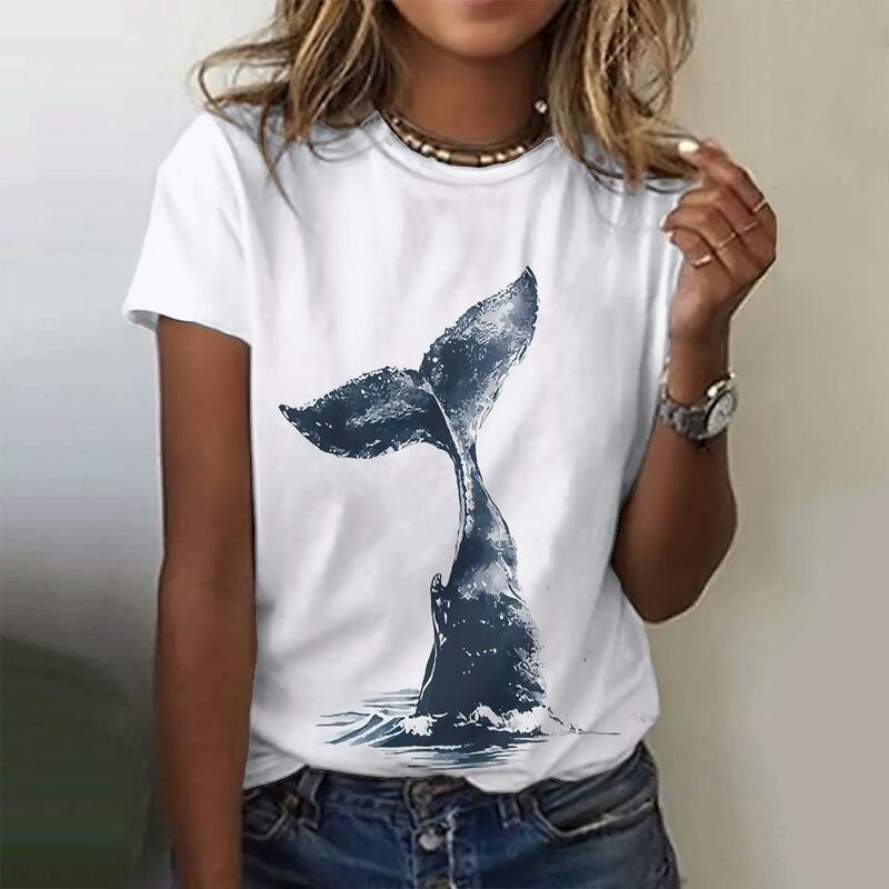 T-shirt wanita gambar hewan laut Pullover kasual longgar musim panas 2024 Kaos Oblong kebesaran lengan pendek pakaian wanita mode