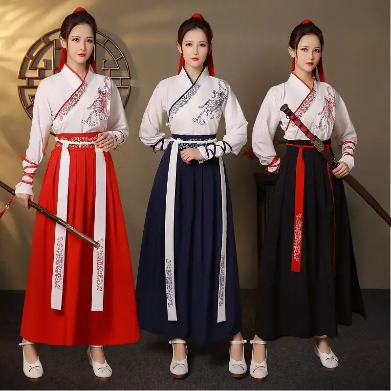 Ханьфу в китайском стиле Wuxia Женская юбка с перекрестным воротником длиной талии Мужская Студенческая классная униформа для пары старинный костюм dail