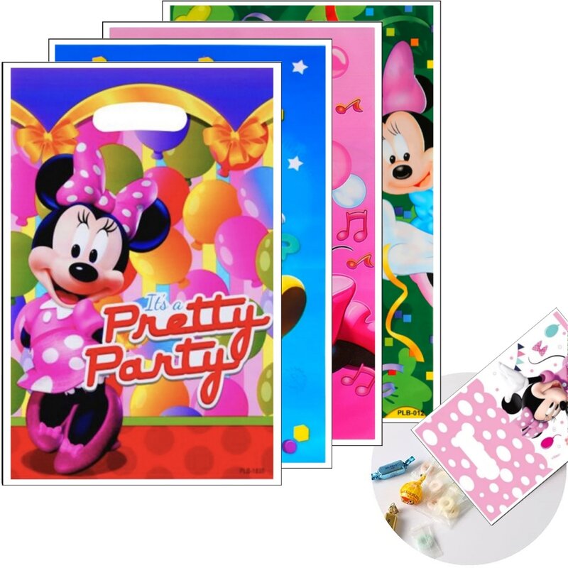 Disney-Sacs cadeaux Minnie pour enfants, sac à bonbons en plastique, thème de la souris, sac de butin, fournitures de fête d'anniversaire, décor de fête
