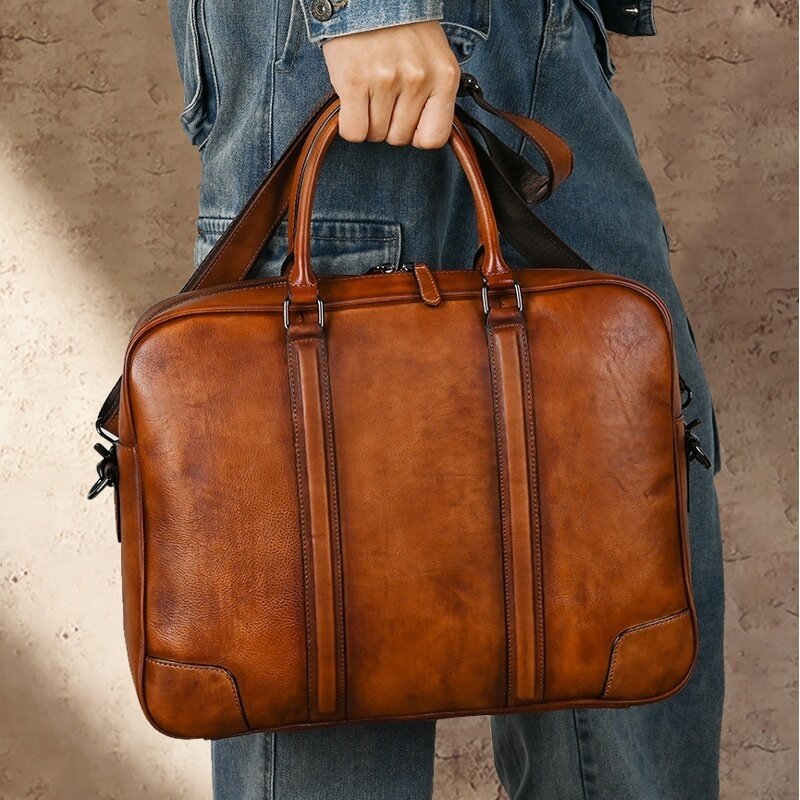 Malas Horizontal Vintage masculino, bolsa de couro genuíno, bolsa portátil, grande capacidade, mensageiro de ombro masculino, 15"