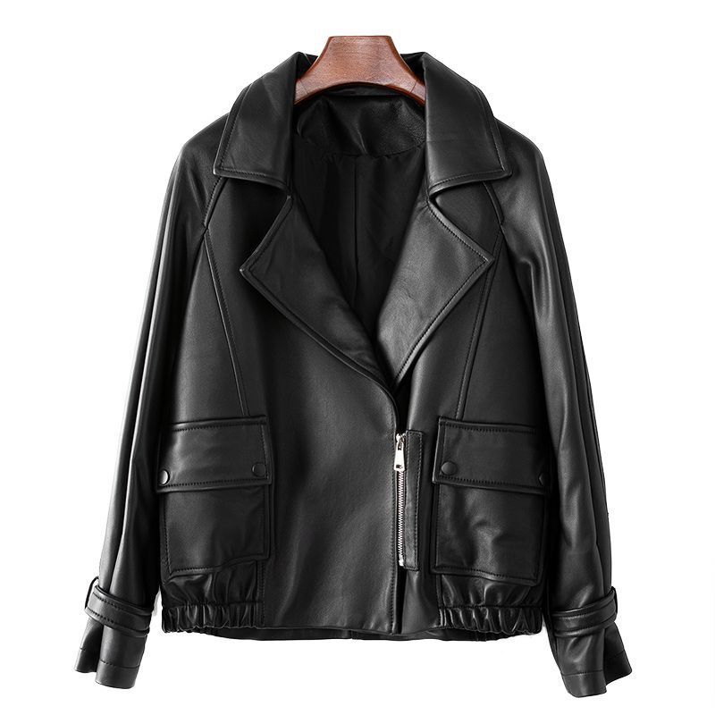 Jaqueta de couro genuíno feminino Haining, casaco de pele de carneiro estilo motocicleta, couro genuíno novo, primavera, 2024