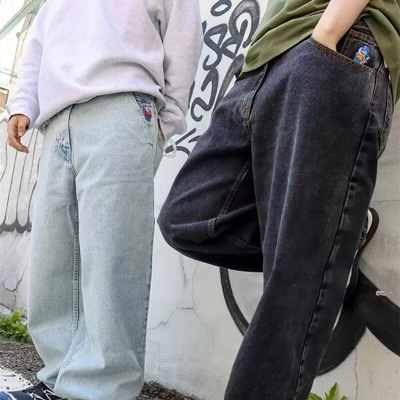 QWEEK-pantalones vaqueros holgados Vintage para mujer, ropa de calle con bordado gráfico de dibujos animados, Hip Hop, Harajuku, Pantalones rectos de gran tamaño, Y2k