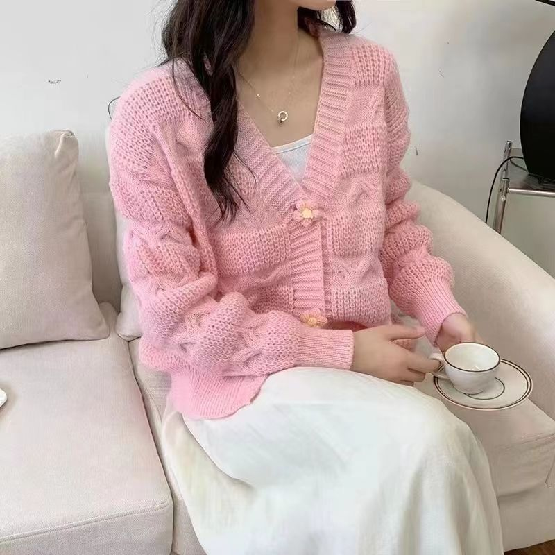 여성용 단색 반팔 카디건 스웨터, 귀여운 디자인 센스 플라워 상의, 봄 및 가을 2023 신상