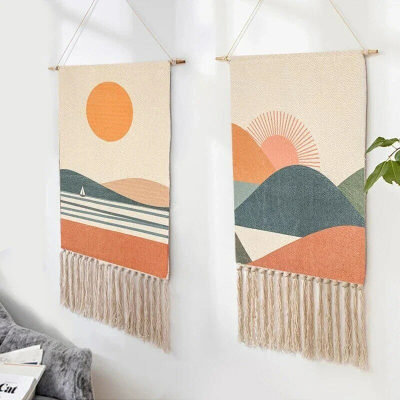 Nordic makrama Tapestry Wall Hanging artystyczne szykowne ręcznie tkane Home Decor do sypialni salon dekoracja ścienna w tle