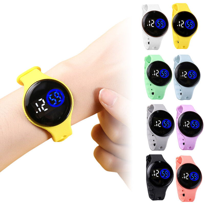 นาฬิกาข้อมือทรงกลม LED พร้อมสายนาฬิกาสปอร์ตน้ำหนักเบาของขวัญ Jam Tangan Digital สำหรับวัยรุ่นหญิงและชาย