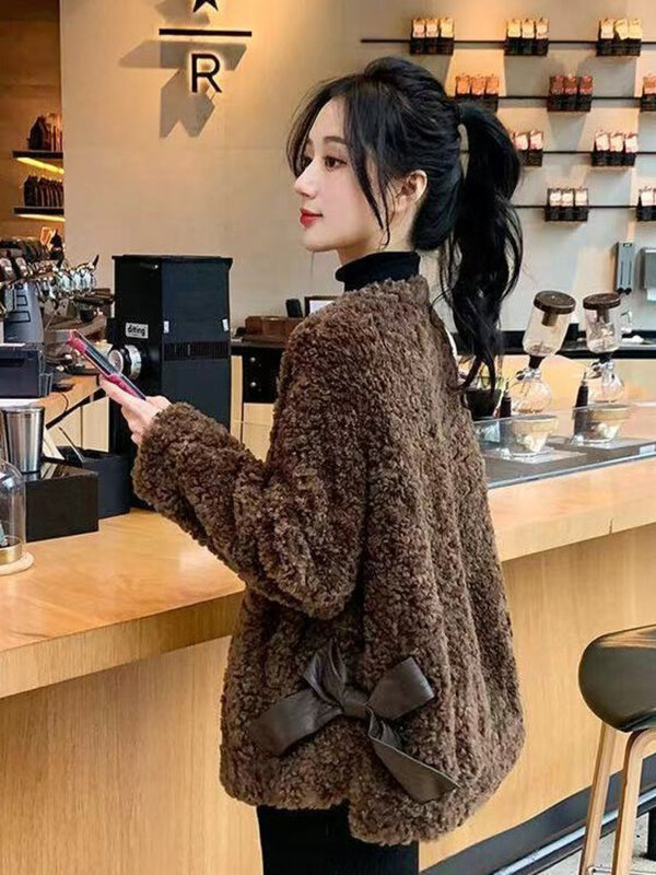 Jaqueta curta de cabelo de cordeiro feminina, pele solta e espessa integrada, outono e inverno, nova versão coreana, 2023