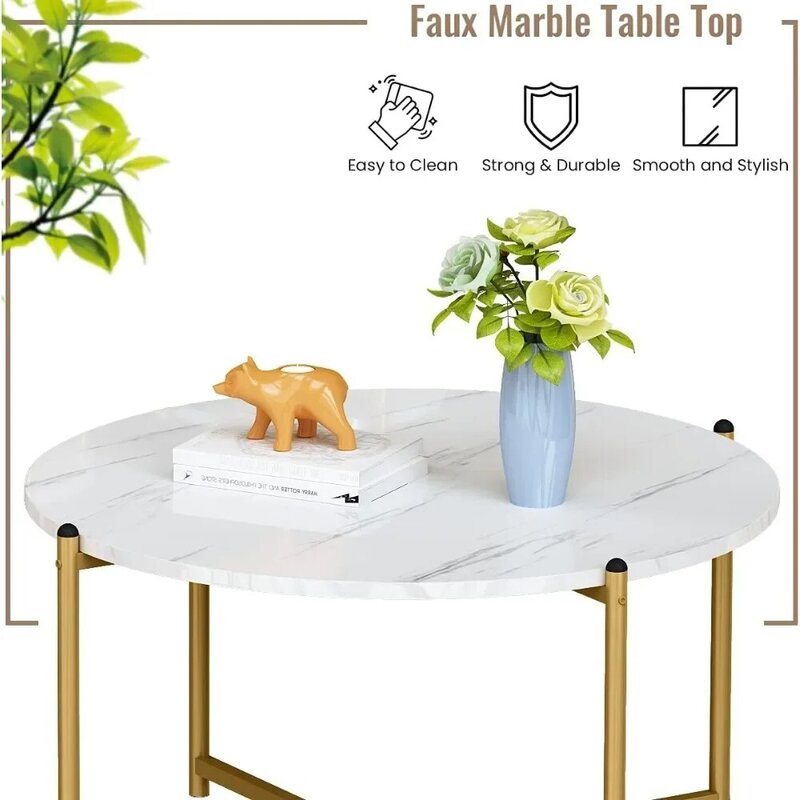 โต๊ะกาแฟทรงกลมทันสมัยและโต๊ะ2ชิ้นโต๊ะหินอ่อนเทียมพร้อมกรอบฐานกางเขนทองคำโต๊ะเฟอร์นิเจอร์ขนาดเล็ก (สีทอง)
