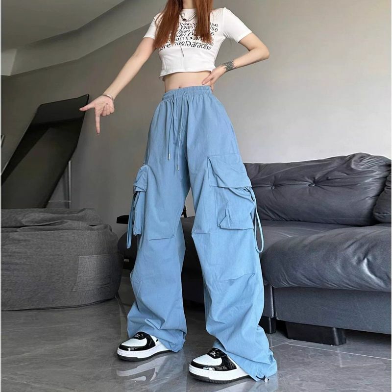 Parachute-Style Hip-hop Street Overalls Oversized Pocket Trousers Women Harajuku Loose Solid Color Casual Pants Y2K Cargo Pants
