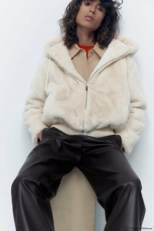 Casaco feminino com capuz de pele artificial com zíper, manga longa vintage, casaco feminino, camiseta chique, nova moda, 2023