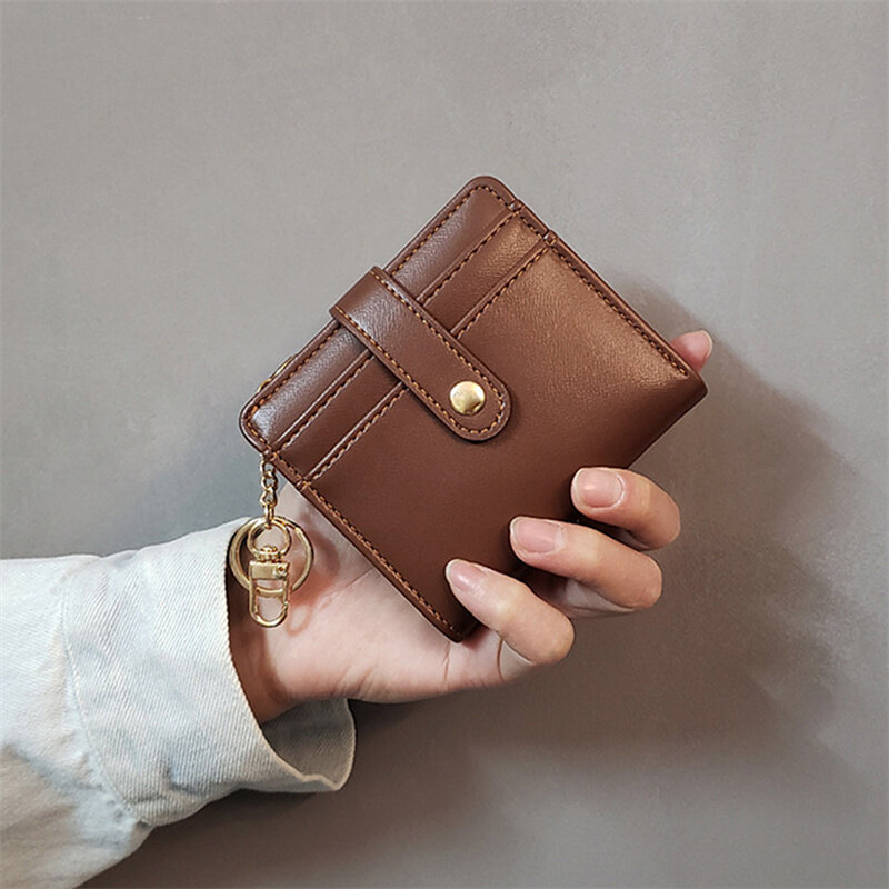 Dompet koin wanita PU dompet kecil tipis dompet kecil Chic logam kancing wanita kulit asli tempat kartu dompet gantungan kunci