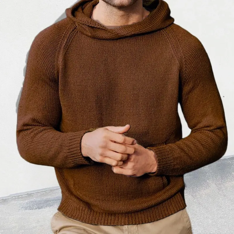 Мужской однотонный трикотажный свитер, Осенний однотонный джемпер с длинным рукавом, пуловеры 2023, Мужская одежда, Зимний вязаный свитер с капюшоном, уличная одежда
