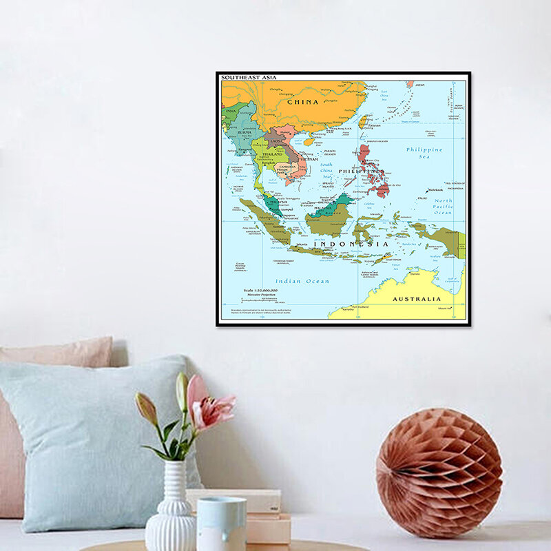 60*60cm o mapa do sudeste asiático na parede inglês cartaz decorativo não-tecido pintura em tela impressão sem moldura casa decoração da sala de estar