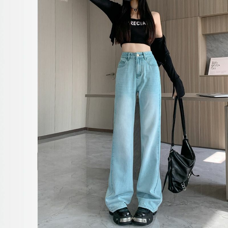 Jade Groene Damesjeans Met Hoge Taille En Rechte Pijpen 2024 Lente/Zomer Mode Koreaanse Slanke Broek Met Wijde Pijpen
