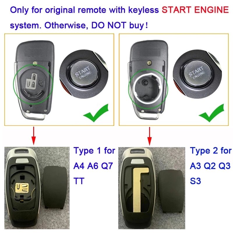 KEYECU-carcasa de llave remota inteligente modificada mejorada, 3 botones, Fob para Audi A1, A3, A4, A6, A8, Q2, Q3, Q5, Q7, R3, RS3, RS5, S1, TT