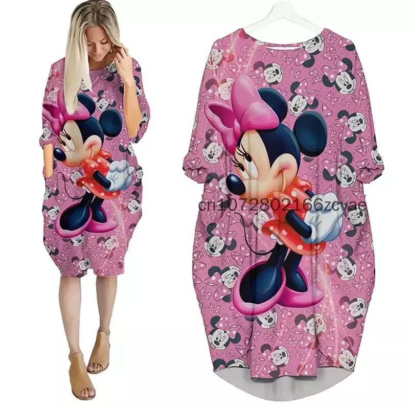 Disney-Feminino Minnie Mouse Oversized Vestido de Bolso, Solto Vestido de Festa, Bolso Batwing, Manga Comprida, Fashion, Versátil, Oversized