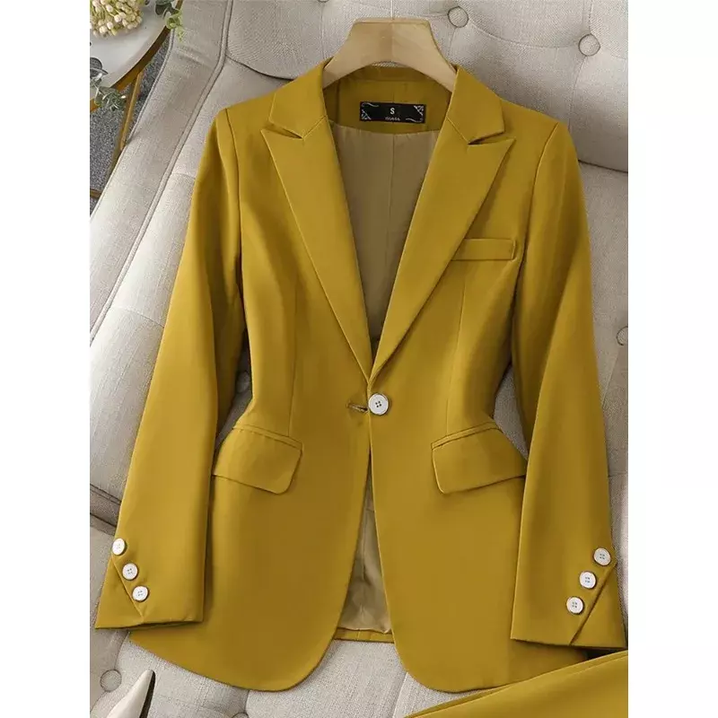 여성용 옐로우 카키 블랙 오피스 블레이저 및 재킷, 여성용 단색 긴팔 비즈니스 작업복, 포멀 코트