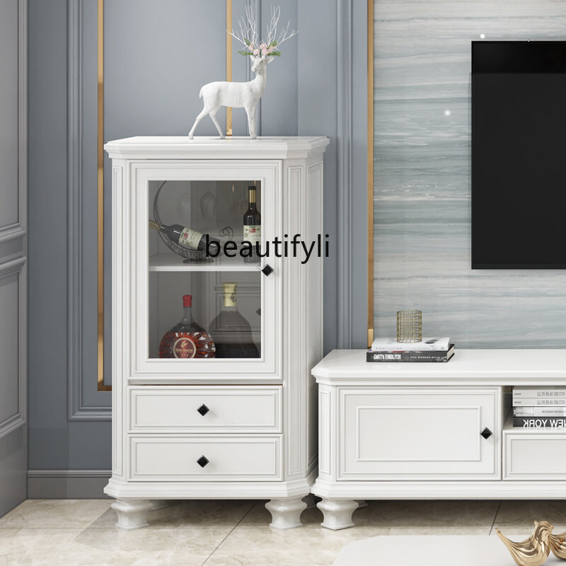 American Country White Single Door Solid Wood Living Room Retro Idylic Marble TV Cabinet Light Luxury Living Room Furniture