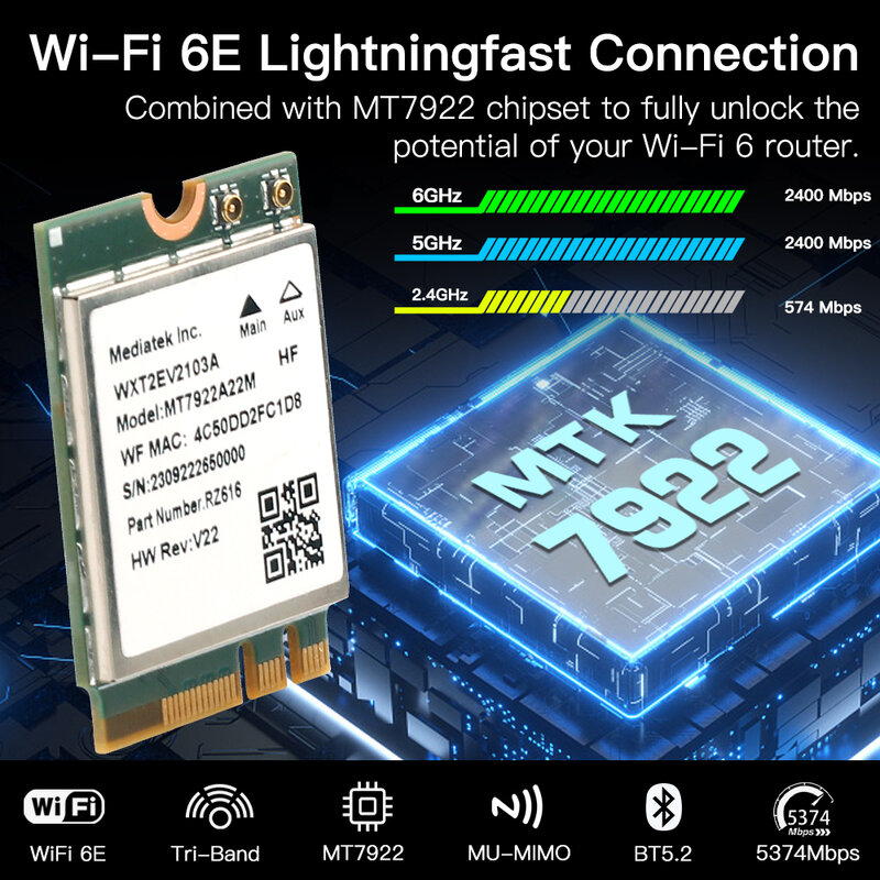 WiFi 6E MT7922 M.2 carte sans fil 5374Mbps Bluetooth 5.2 adaptateur réseau stérilisation 11ax 2.4G/5G/6GHz MediaTek MT7922 MU-MIMO P1 10 11