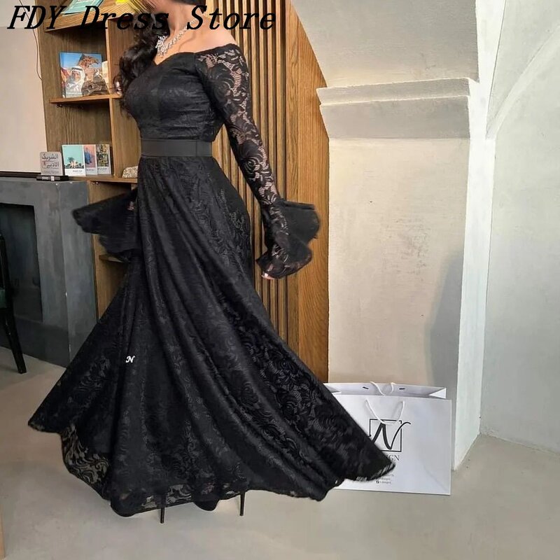2023 블랙 레이스 무도회 드레스, 연인 발목 길이, 사우디 아라비아 공식 행사 드레스, 이브닝 드레스, 파티 드레스