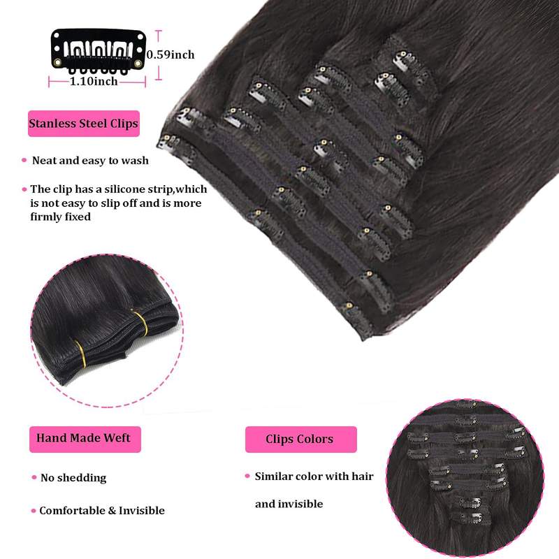 Накладные прямые человеческие волосы, набор из 100% натуральных черных человеческих волос с 18 зажимами, удлинитель волос с двойным зажимом для женщин