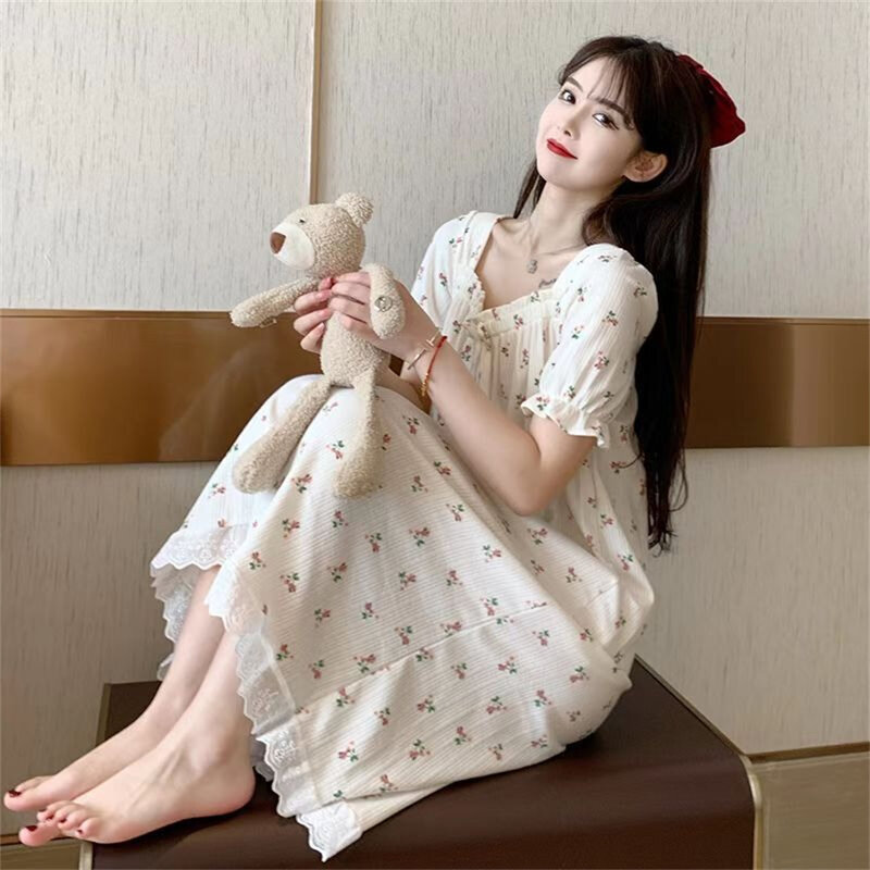 فستان نوم جميل من كوريا سويت مكشكش برقبة مربعة للنساء ، حافة دانتيل ، قطن ، كتان ، تنفس ، أكمام قصيرة ، ملابس منزلية غير رسمية