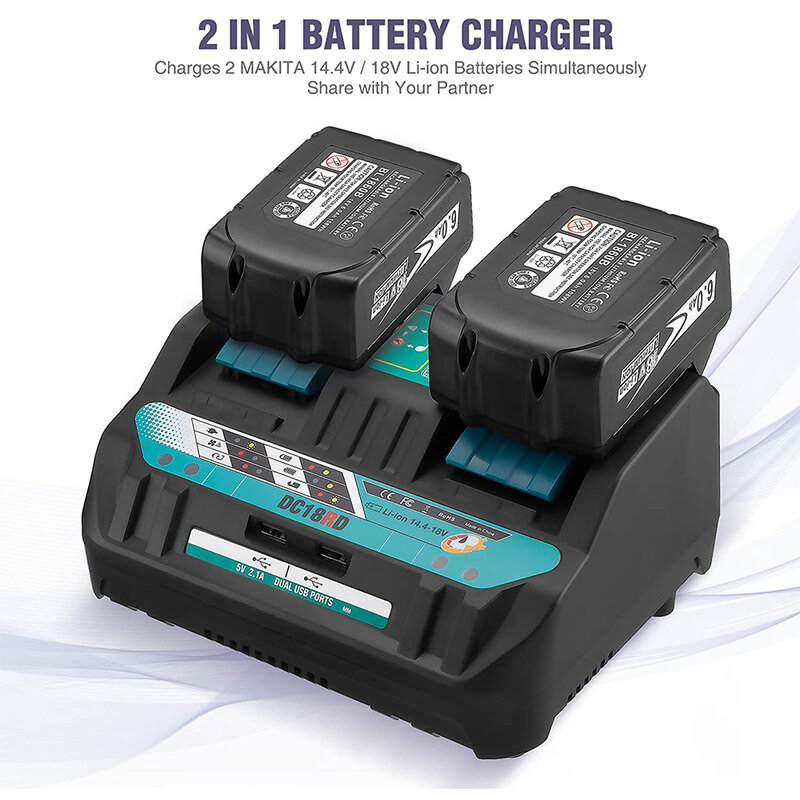 Substituição dupla do carregador de bateria para Makita, 18V, 14.4V, 18V, Li-ion Battery, BL1830, BL1840, BL1860, DC18RD