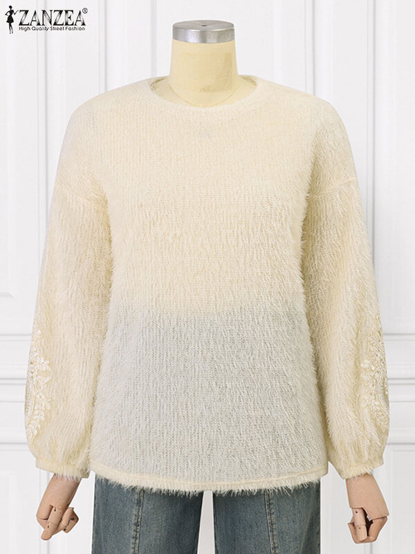 Повседневный свободный однотонный трикотажный элегантный кружевной свитер ZANZEA, женские винтажные топы с круглым вырезом, Осенние Пуловеры с длинными рукавами-фонариками 2023