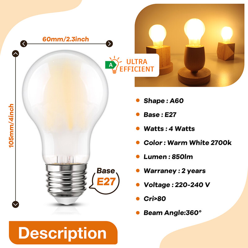 2 opakowania oszronione żarówki LED A19 E27 220V 4W 850 lumenów klasa efektywności energetycznej miękki biały 2700K bez przyciemniania żarówki LED