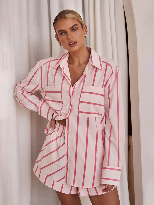Marthaqiqi Striped Ladies Pajamas Set Long Sleeve Nightgowns Turn-Down Collar Sleepwear Shorts Causal Women Nightie 2 Piece Suit