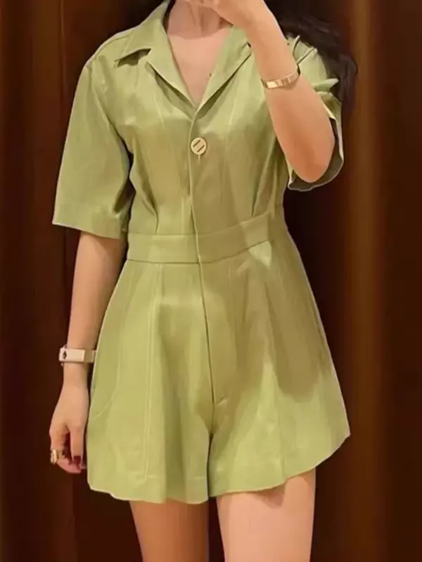 女性用ポケット付き半袖ロンパース、グリーンカラー、ボタン1つ、シンプル、ボタン付き、ボタン付き、夏、2024