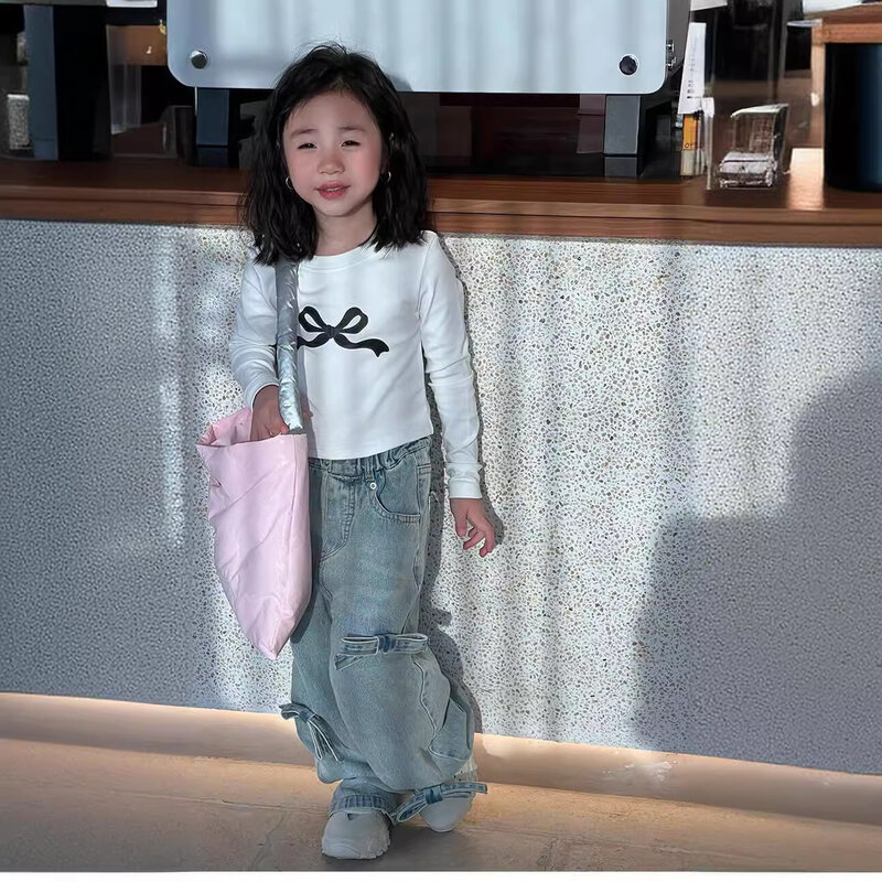 Детские Модные брюки, детская одежда в Корейском стиле, джинсовые брюки с широкими штанинами для девочек, новинка весны 2024, брюки в западном стиле для девочек