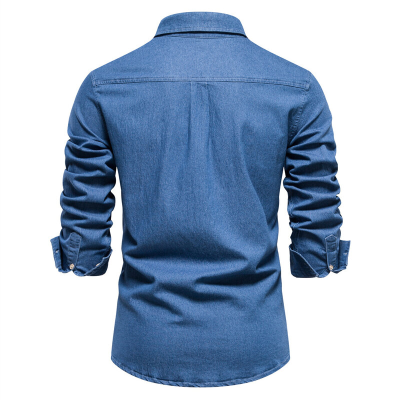 Camisa jeans de manga longa masculina, camisa de grife justa, bolso único, cor sólida, virada para baixo, casual, novo, outono