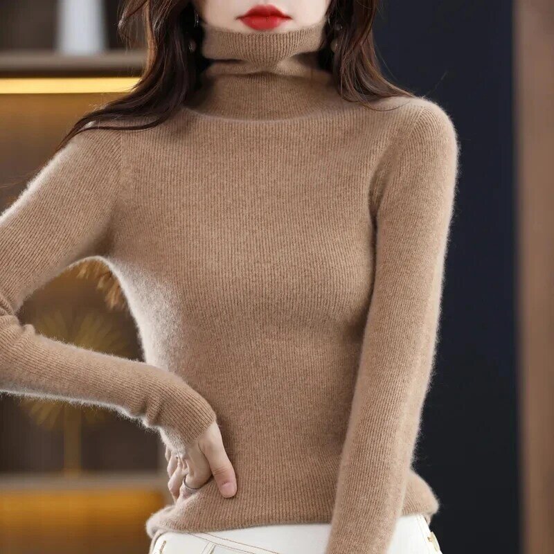 Sweater rajut wanita, 2023 Sweater rajutan Turtleneck lengan panjang pakaian perempuan permen rajutan Bottoming kemeja