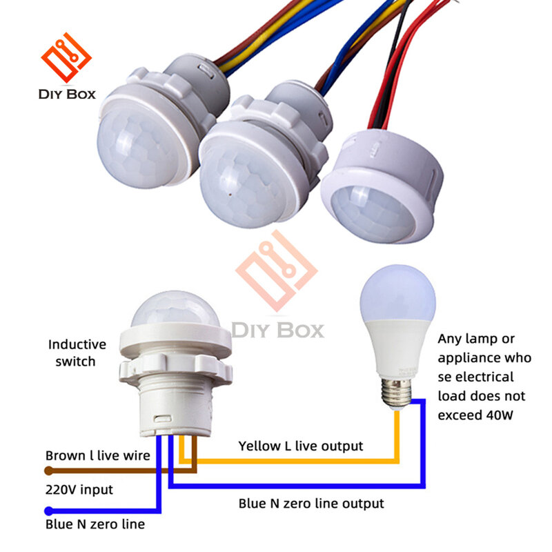 Interruptor de luz sensor automático para interior e exterior, LED PIR Sensor de movimento infravermelho, detecção noturna, AC 110-240V, DC 12-24V