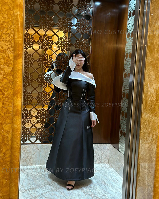 Eleganter schwarz/weißer Knopf eine Linie Abendkleid Abendkleid knöchel langes Satin voller Ärmel formelle Veranstaltung besondere Anlässe Kleider