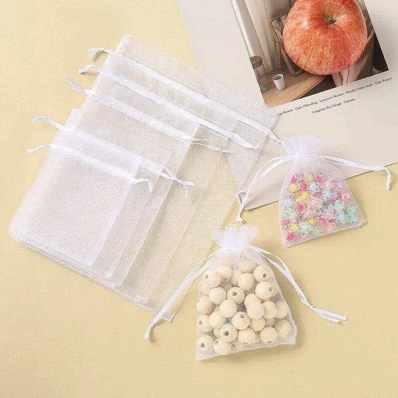 25/50PCS Drawable Party Supply Wedding Christmas Favor White Pouches Organza Gauze Sachet Gift Bags Drawstring Bags Pocket