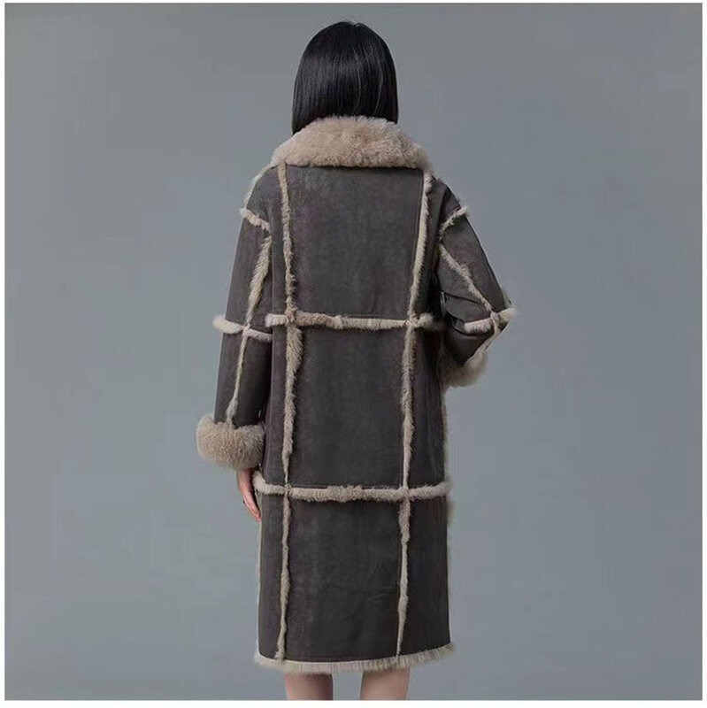 Jaket kulit domba wanita panjang hangat mewah mantel bulu rubah lapisan kelinci buatan tebal baru musim dingin 2023
