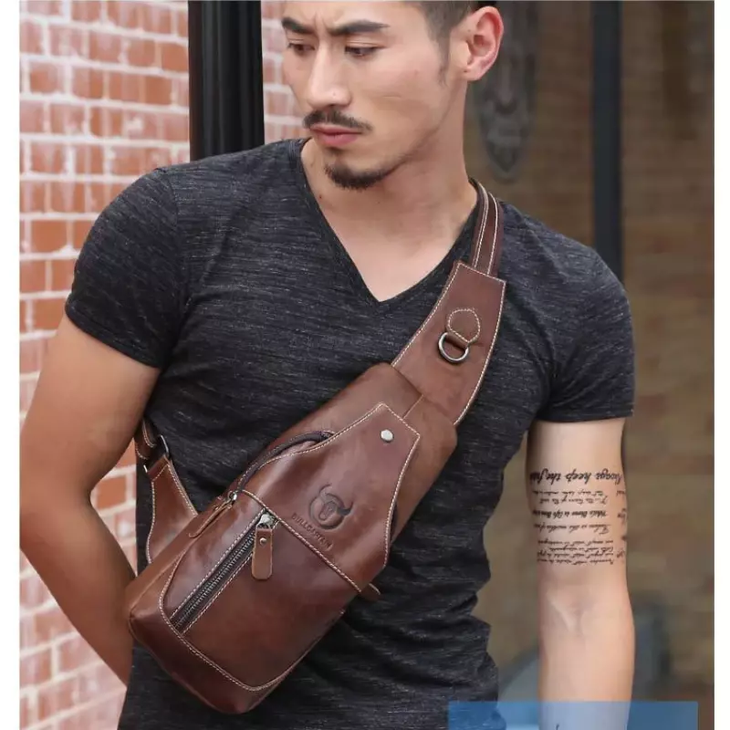 男性の胸バッグレトロソフト本物の牛革レザーカジュアルショルダーバッグ