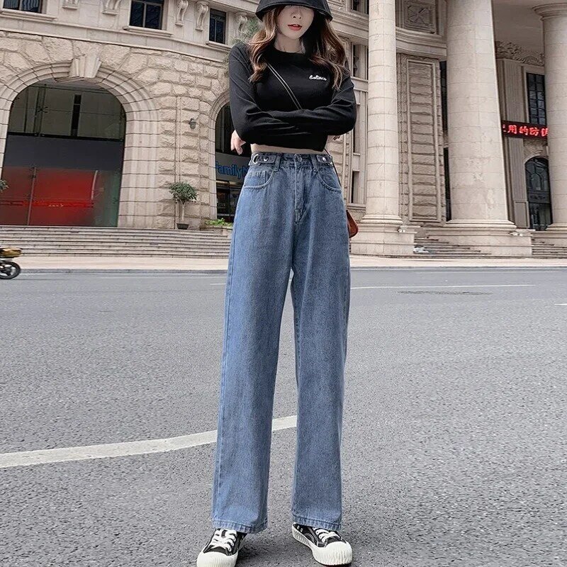 Pantaloni in Denim Casual dritti a vita alta da donna 2024 Jeans classici di moda invecchiati pantaloni Vintage femminili Streetwear popolare