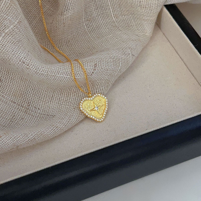 Collar de plata de ley chapado en oro de 18 quilates, colgante de corazón de amor, Circonia cúbica, Zirconia, circonita, zirconita, Estilo Vintage