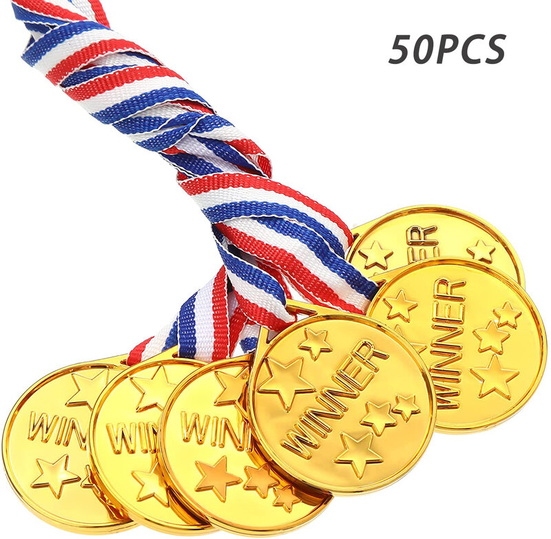 50 Pieces Children's Plastic Gold Plastic Winner Medals Kids Golden Medals for Sports Day Awards Prizes Awards for Students