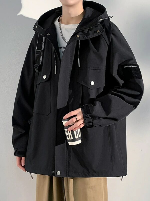 Новинка 2024, Весенняя Мужская куртка, корейская мода, Ветровка унисекс с капюшоном, повседневные куртки с несколькими карманами, пальто оверсайз, размер 8XL