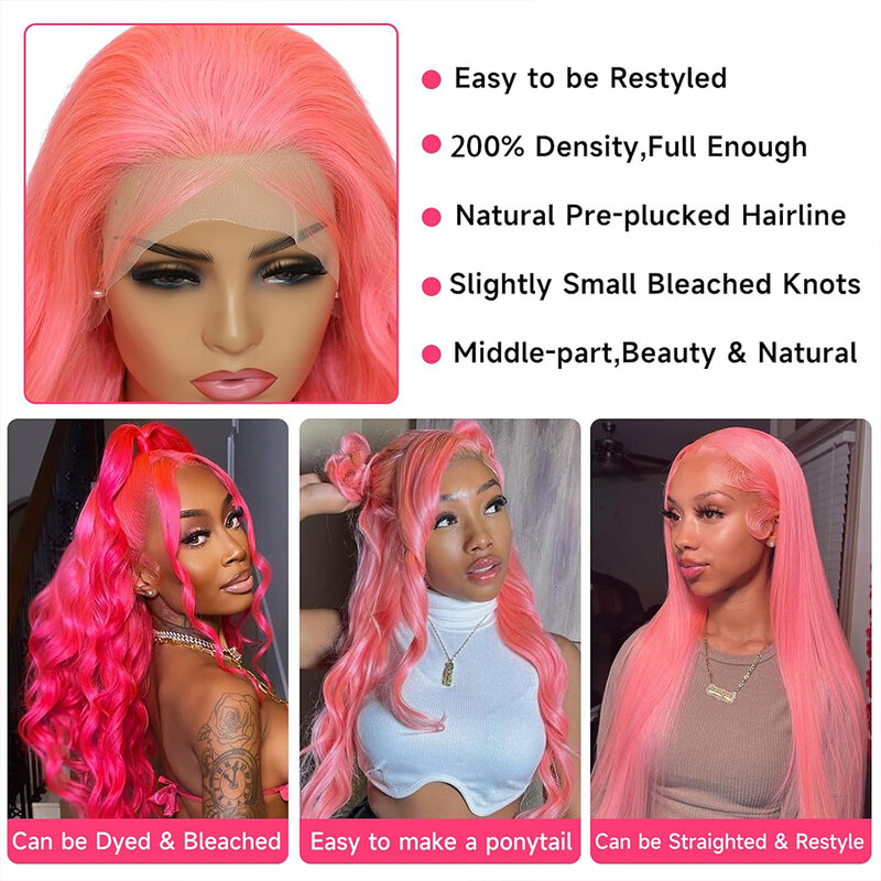 Peluca frontal de encaje rosa, cabello humano 13x4 HD, Onda de cuerpo coloreado, peluca frontal de encaje rosa, cabello humano de bebé