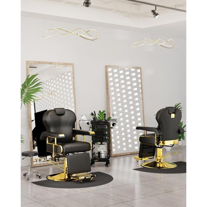 Silla de salón reclinable profesional con respaldo ajustable, elegante silla de barbero negra y dorada con marco de acero resistente